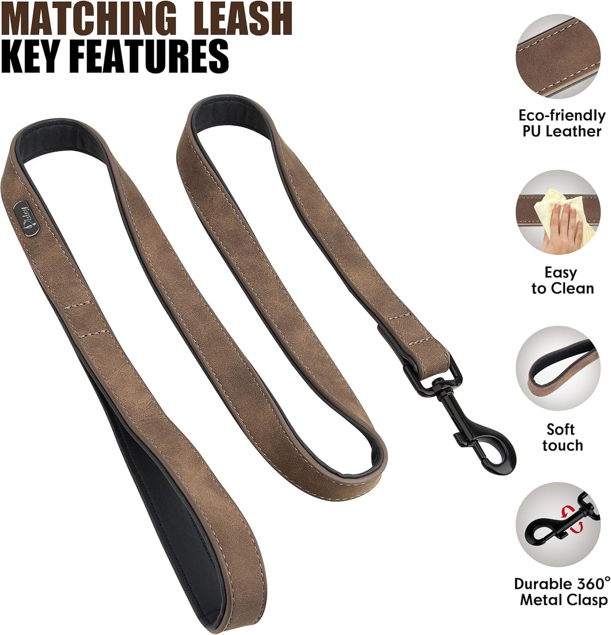 Didog Soft Padded Leather Dog Collar and Leash Set, Adjustable Dog Leash and Collar Set with Metal