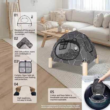2-in-1 Elevated Cat Tent Cat House, Quick Assembly and Disassembly, Portable Indoor/Outdoor Cute