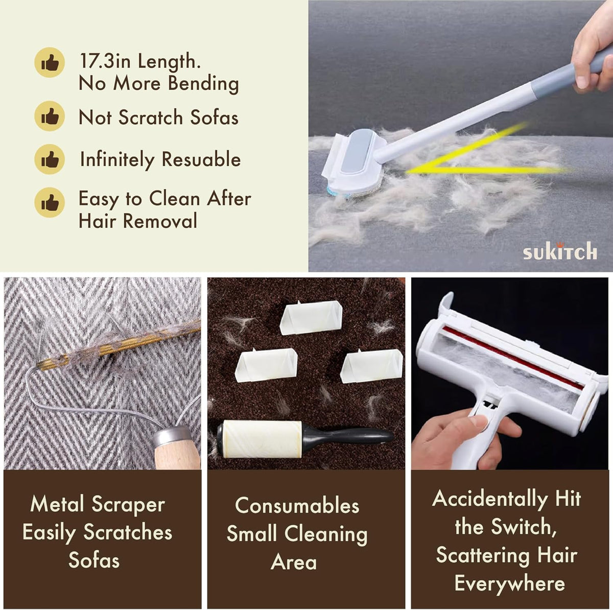 Pet Hair Remover for Couch, Grey, 17.3Inch, Durable, Reusable, Washable Lint Cleaner for Dog and
