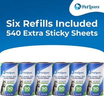PetLovers Extra Sticky Lint Roller 6 Pack of Refills Only - No Handle Included - 90 Sheets Per
