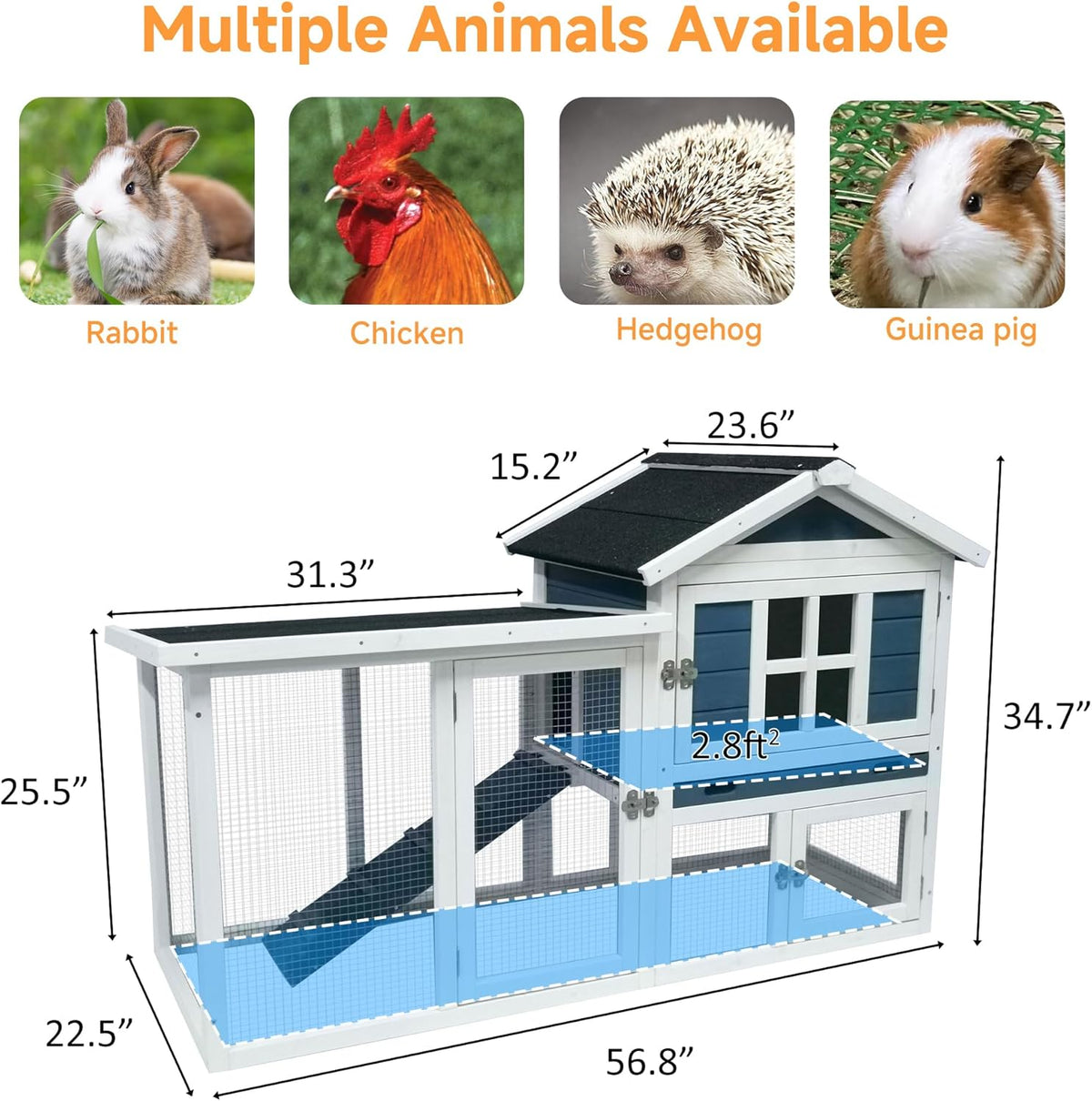 GARWOOD Large Outdoor Indoor Rabbit Hutch Wooden Bunny Rabbit Cage 2-Story with Run No-Leak