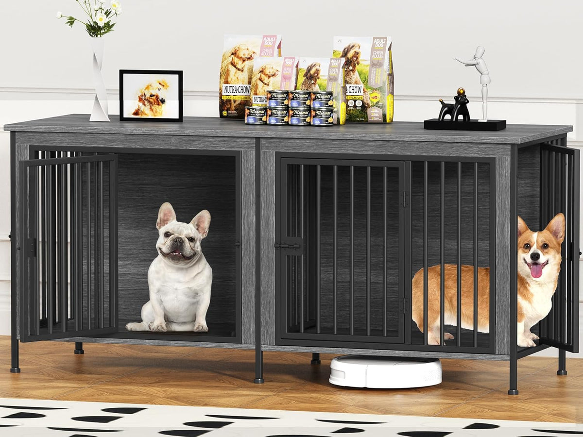 EasyCom 63" Dog Cage Furniture for 2 Pets with Divider, XL Wooden Double Dog Crate Furniture TV