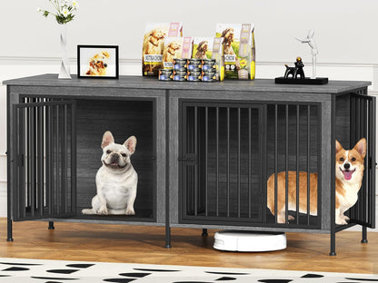 EasyCom 63" Dog Cage Furniture for 2 Pets with Divider, XL Wooden Double Dog Crate Furniture TV