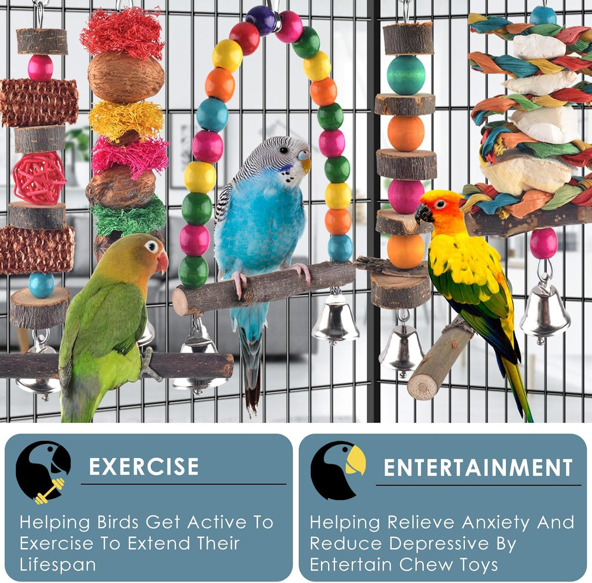 Bissap Bird Chew Toys, 7 Packs Parakeet Natural Wood Toys Parrot Hanging Cage Toy Bird Perch Stand