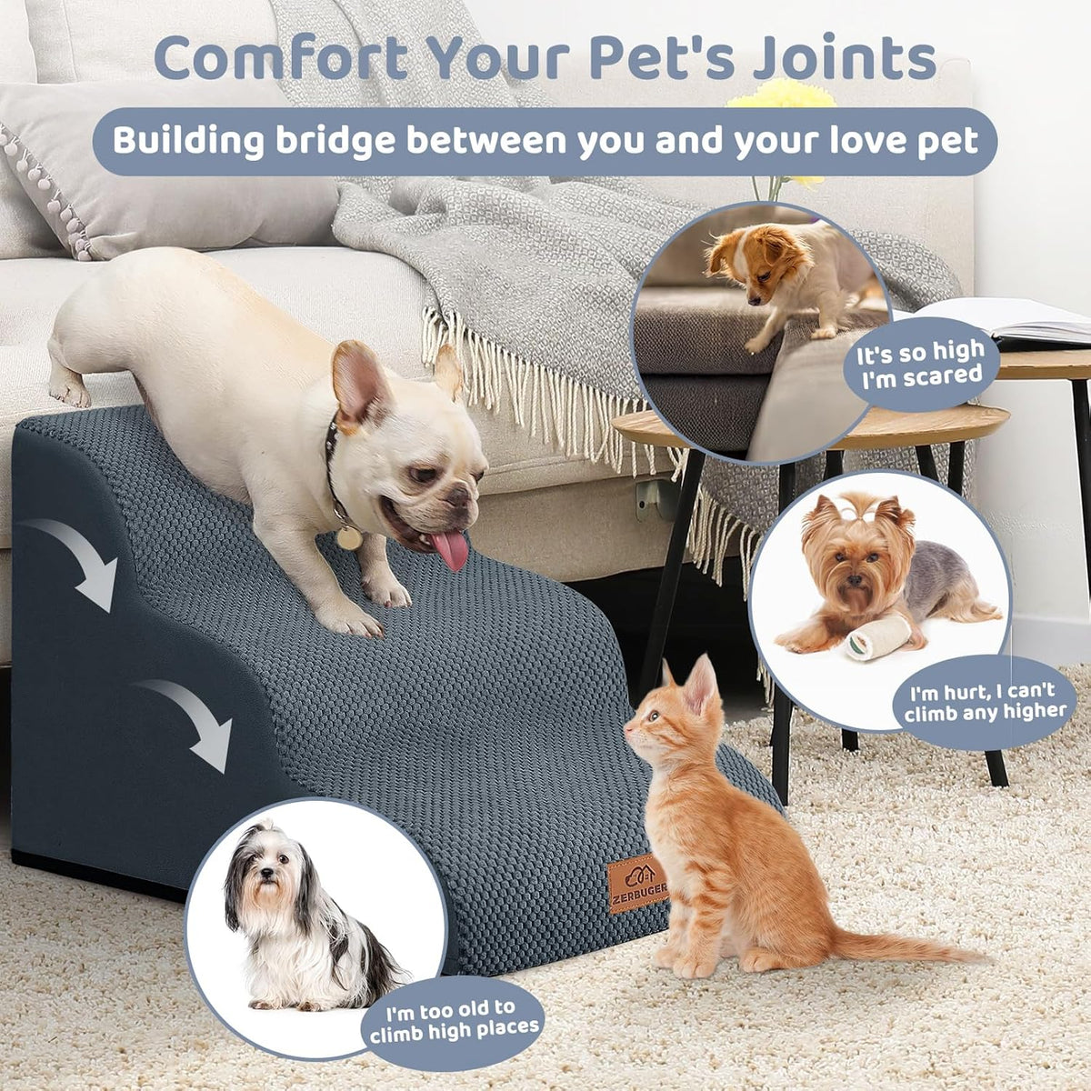 Dog Ramp and Stair for Bed 16" H-20 H,3-Step Cat Stair for Sofa and Chair,4-Step Dog Ramp for High
