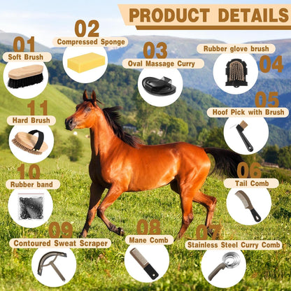Abbylike 12 Pieces Horse Grooming Kit with Organizer Tote Bag Tack Room Supplies Horse Brush Sets