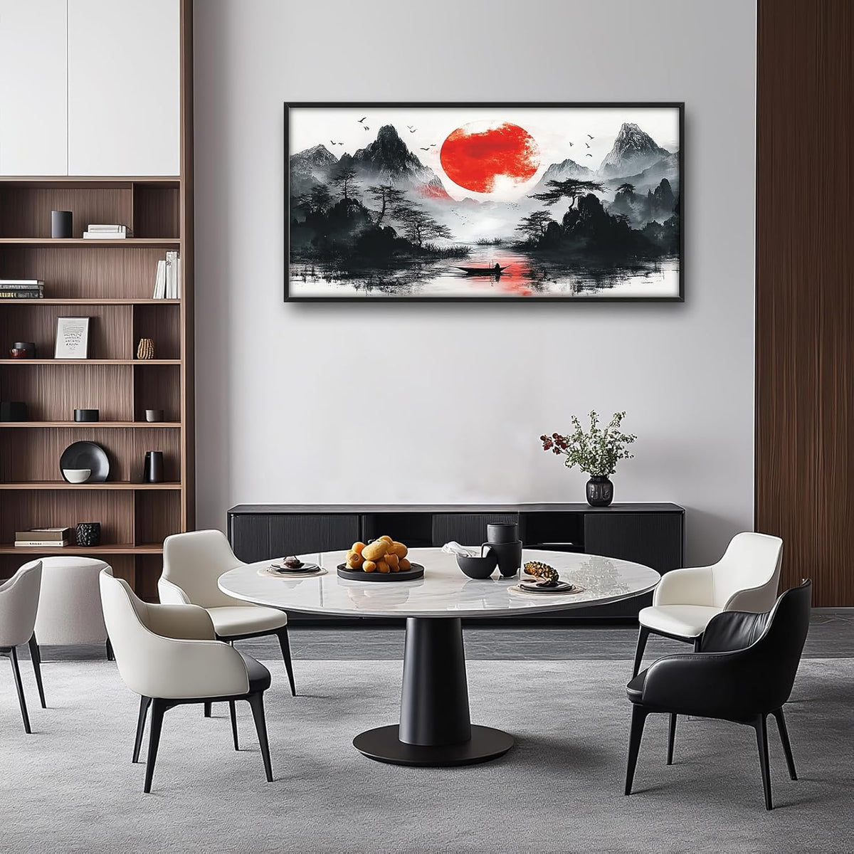 Framed Large Japanese Mountain Wall Art for Living Room, Oversized Asian Red Sun Lake Landscape