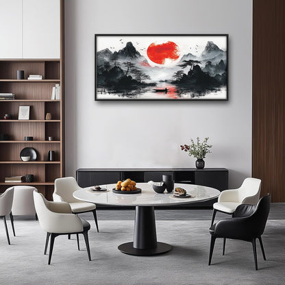 Framed Large Japanese Mountain Wall Art for Living Room, Oversized Asian Red Sun Lake Landscape