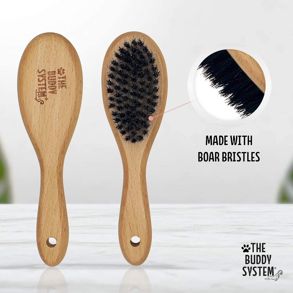 The Buddy System Cat Brush with Boar Bristle and Wooden Handle, Professional Grade Daily Grooming