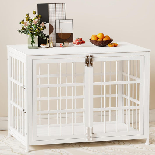 32 Inch Heavy Duty Wooden Dog Kennel End Table with Double Door Design and Secure Locks, Indoor Pet