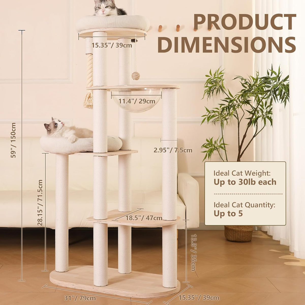59" Modern Cat Tree Multi-Level Large Cat Tower Heavy Duty Cat Tree with Hammock,Cotton Scratching