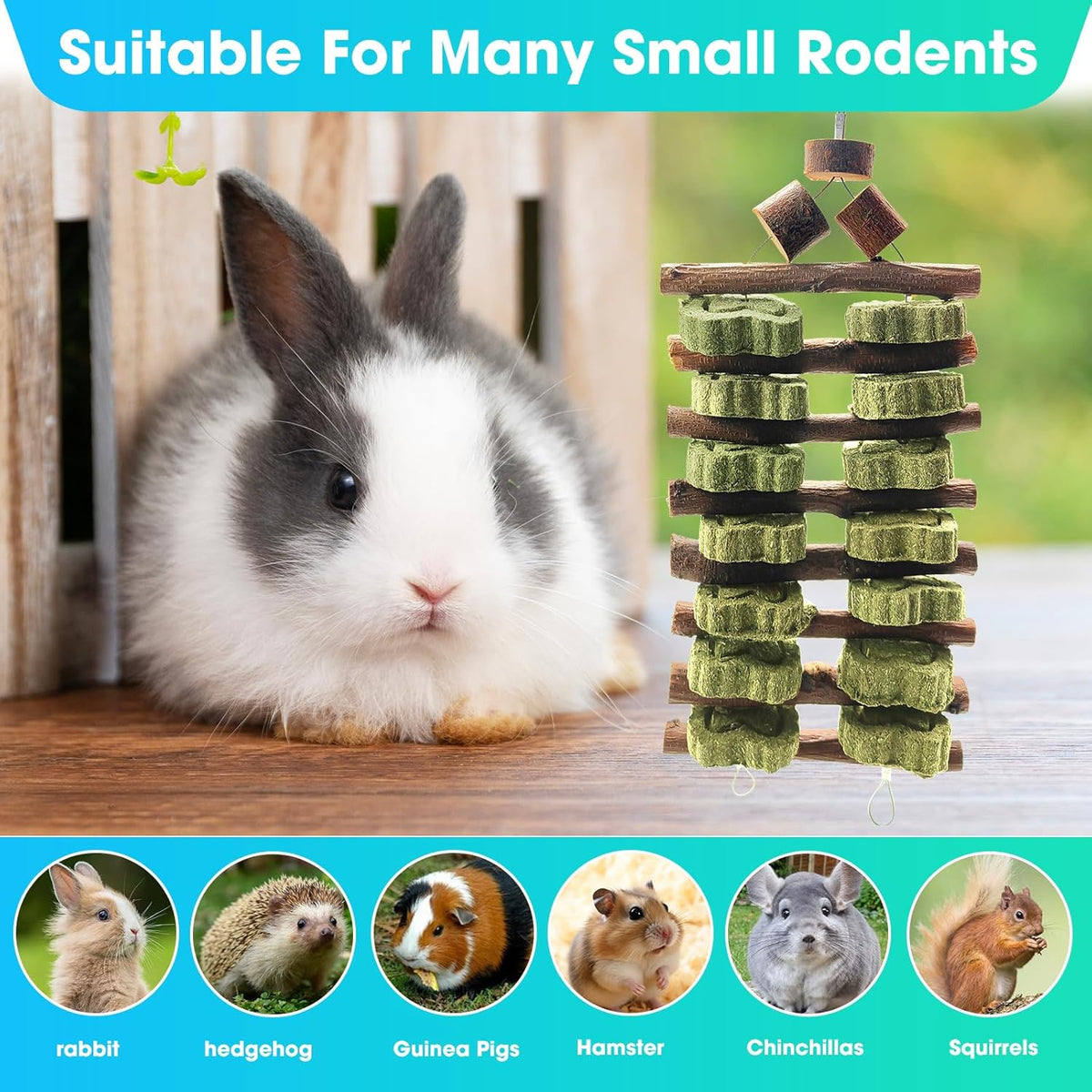 WDEFUN Natural Peach Wood Clover Cake Teeth Grinding Toy String - Rabbit Snack Chewing Toy, Safe