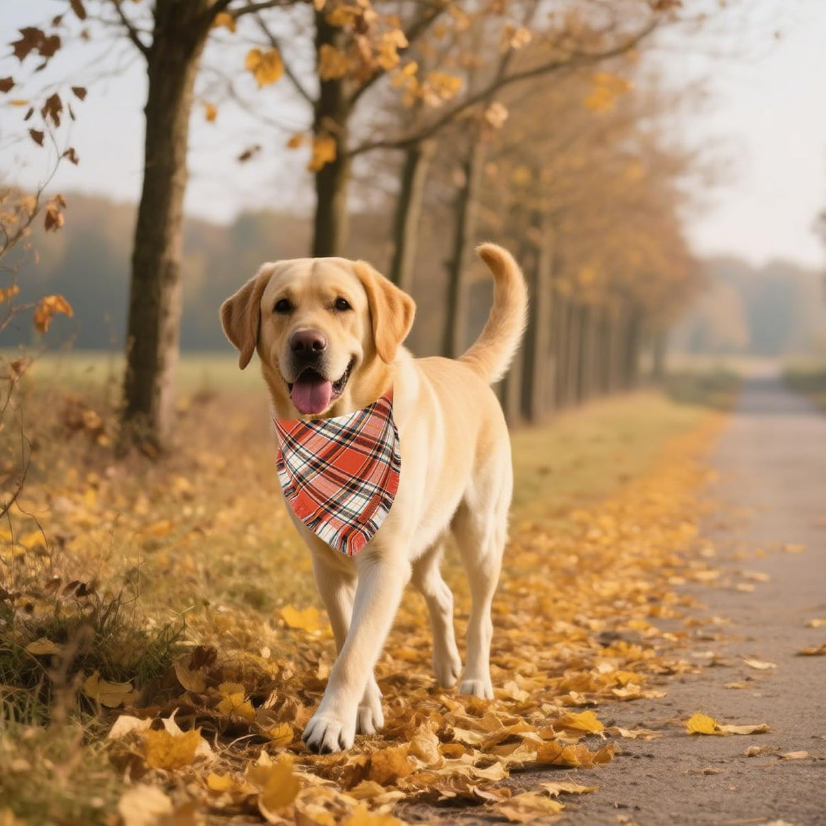 ADOGGYGO Fall Dog Bandana with Tassels Edges, Stylish Orange Plaid Pet Scarf, Multiple Size