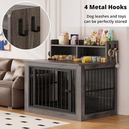 IRONCK Extra Large Dog Crate Furniture, 43.3 inches Wooden Dog Crate with Storage and 4 Hooks