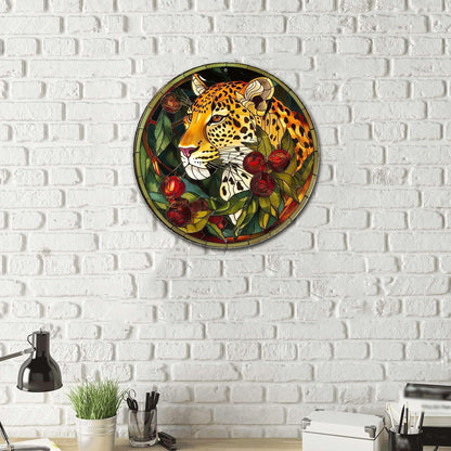 Lygond Metal Sign Tin Sign Circular Stained Glass Leopard Bathroom Signs For Home For Club 12×12