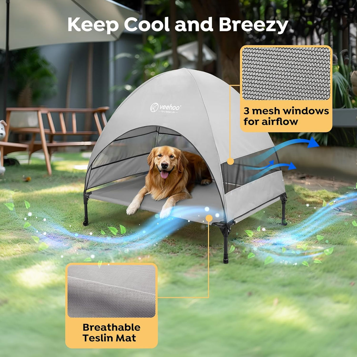 Veehoo Outdoor Dog Bed with Canopy, Cooling Elevated Pet Cot with Removable Shade, Non-Slip Feet