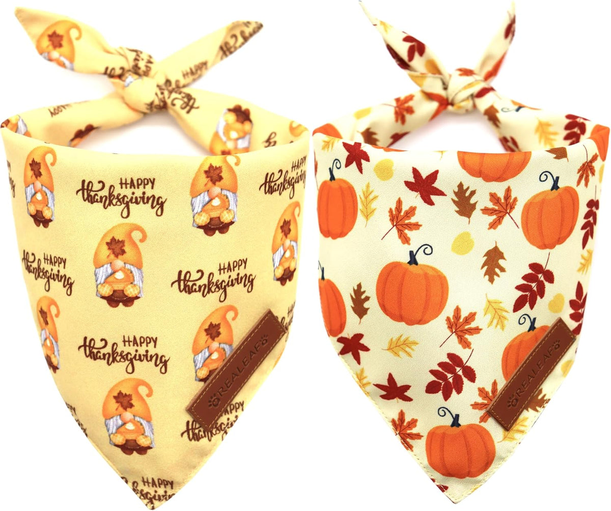 Realeaf Thanksgiving Dog Bandanas 2 Pack, Pumpkins and Happy Thanksgiving Pet Scarf for Boy and