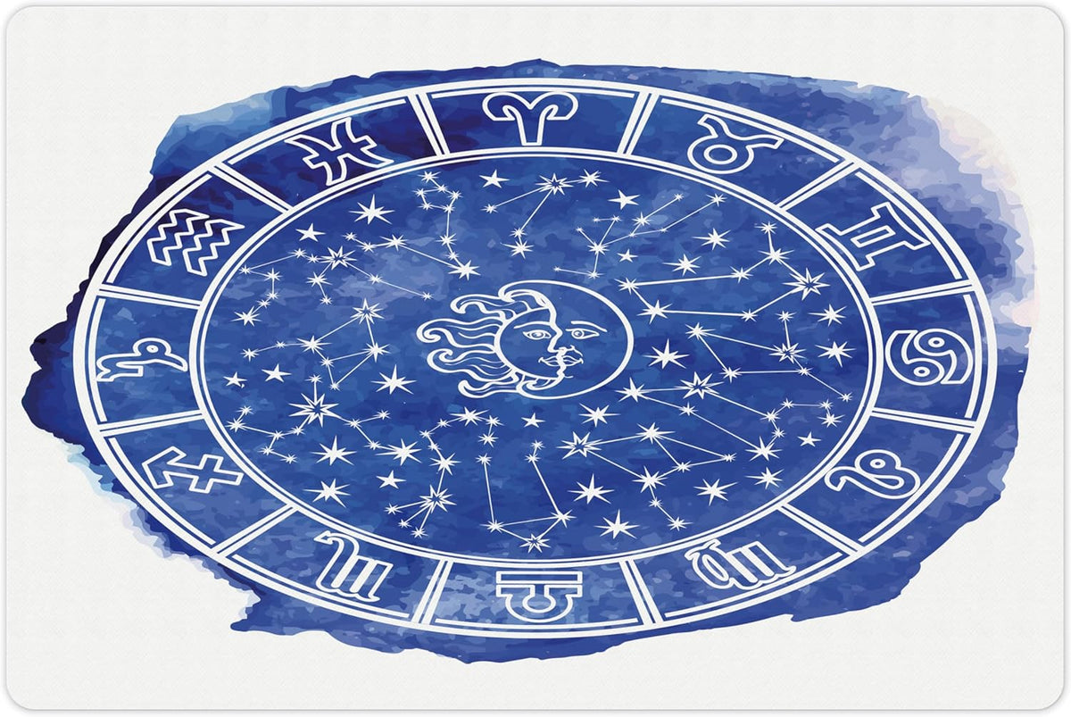 Lunarable Sun and Moon Pet Mat for Food and Water, Zodiac Circle Watercolor Backdrop Astrology