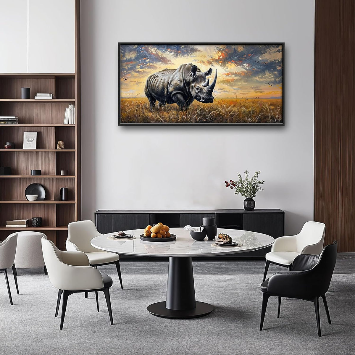 Rhino Large Wall Art Rustic Cool Wild Animal Rhinoceros Pictures Sunset Field Landscape Wall Decor