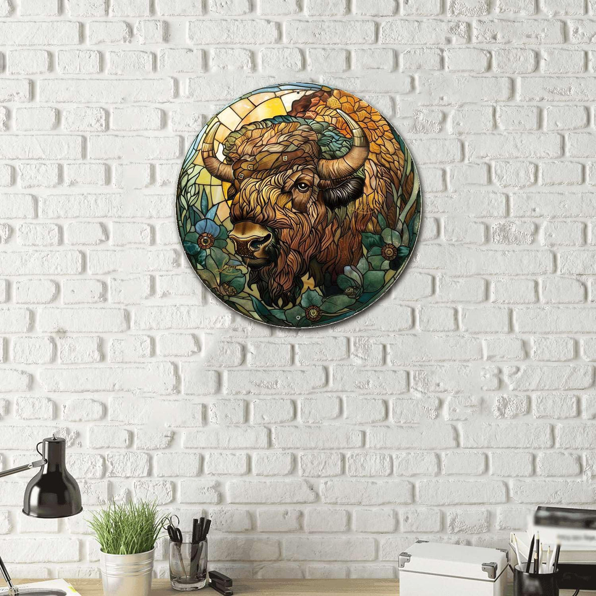 Lygond Metal Sign Tin Sign Circular Stained Glass American Bison Greenhouse Decor for Restaurant