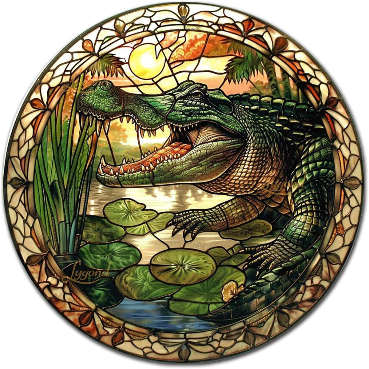 Lygond Metal Sign Tin Sign Circular Stained Glass Alligator Minimalist Wall Art for Home Decor