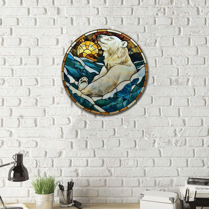 Lygond Metal Sign Tin Sign Circular Stained Glass Polar Bear Boho Decorations For Home For Gift 8×8