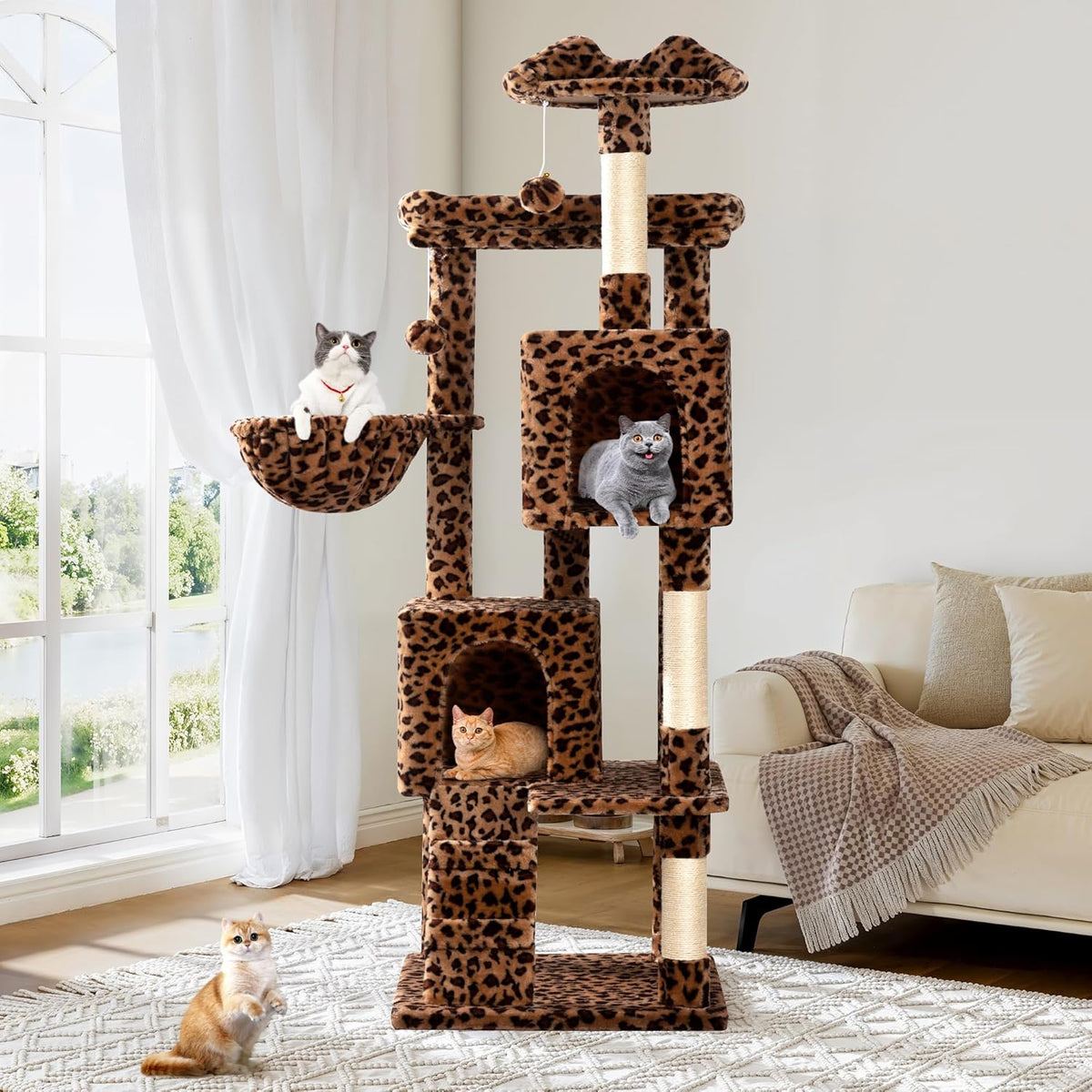 Allewie 64 Inches Cat Tree Tower/Multi-Level Activity Center for Indoor Big Felines/2 Plush