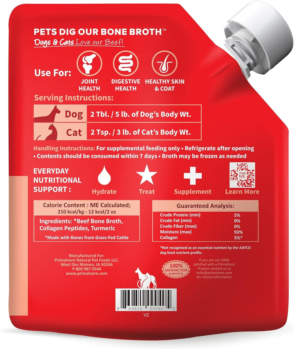 Primalvore Grass-Fed Beef Bone Broth for Dogs &Cats, Mobility Formula w/Collagen Peptides to Help
