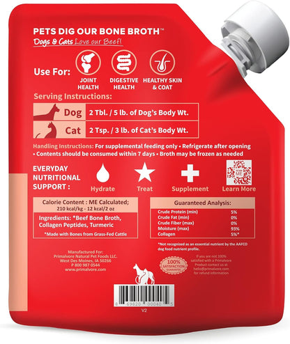 Primalvore Grass-Fed Beef Bone Broth for Dogs &Cats, Mobility Formula w/Collagen Peptides to Help