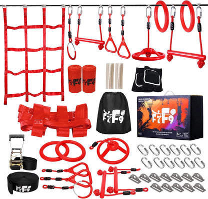 Ninja Warrior Obstacle Course for Kids Backyard with A Pair of Knee Pads, 60’ Ninja Slackline and