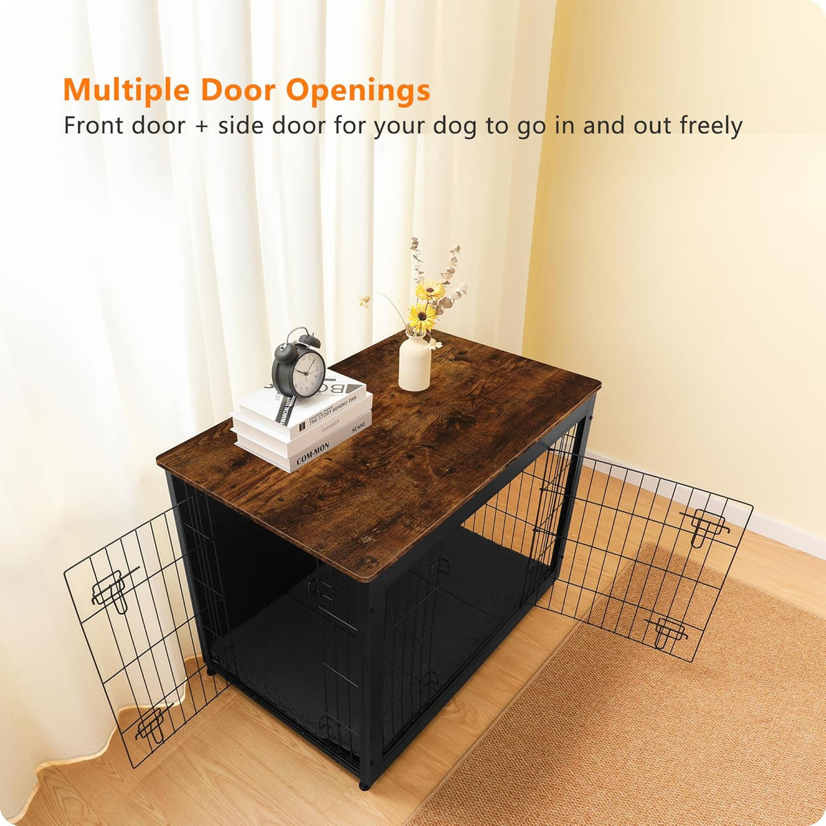 DWANTON Dog Crate Furniture with Cushion, Wooden Kennel Table with Double Doors, Indoor Dog House