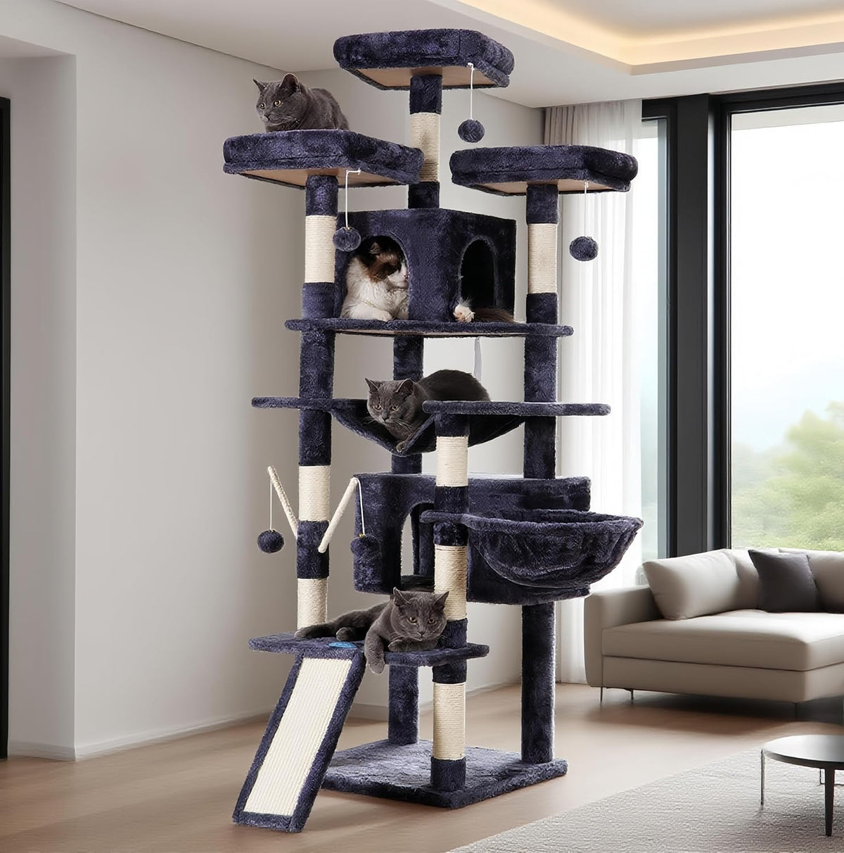 Hey-brother Cat Tree, 71 inches XL Large Cat Tower for Indoor Cats, Multi-Level Cat House with 3