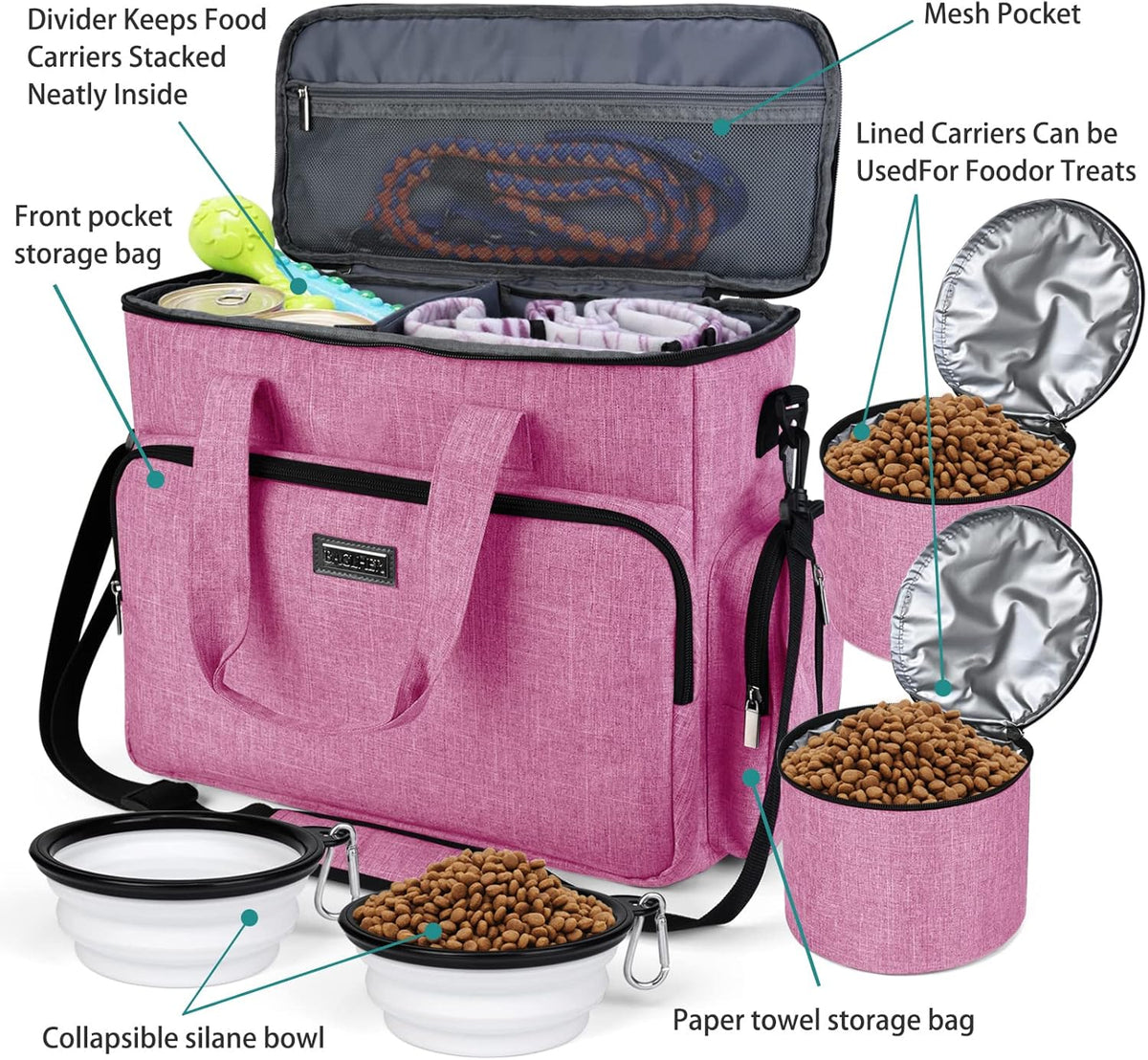 BAGLHER Dog Travel Bag, Pet Travel Bag (ALL Pet Travel Supplies), With 2 Pet Food Containers and 2