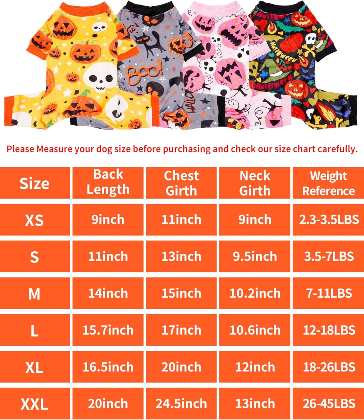 PET SHOW 4 Pack Halloween Dog Pajamas for Medium Dogs Onesie Soft Pumpkin Ghost Soft Fleece
