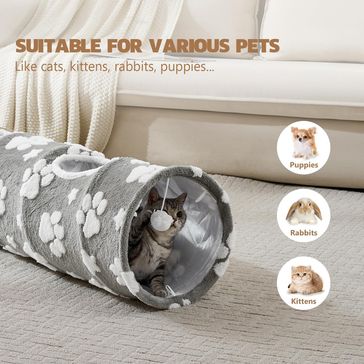 Straight Cat Tunnel for Indoor Cats 47"x12", Cute Cat Toys Collapsible Tunnel Tube with Balls for
