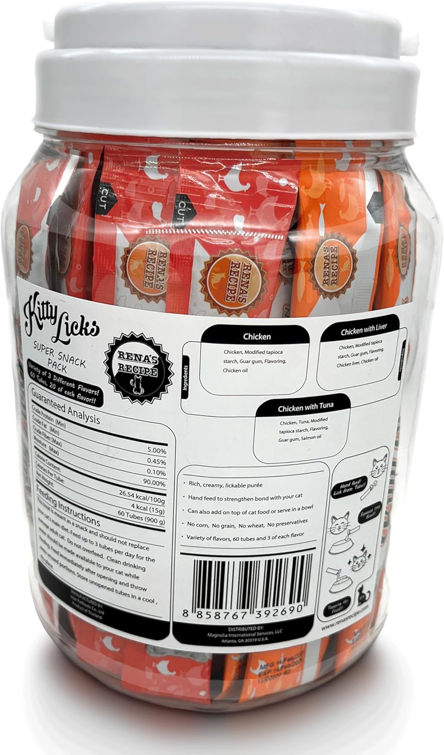 Rena's Recipe Kitty Licks Chicken Barrel (60 Tubes) 3 flavorsX 20 Tubes Cream Lickable Cat Treats 3