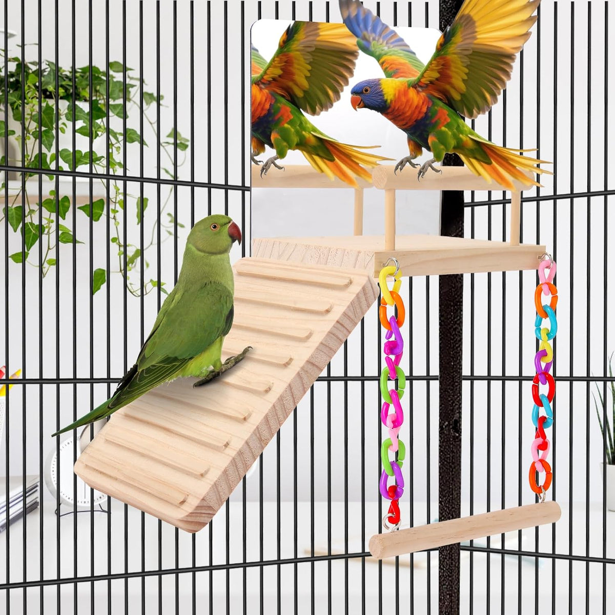 KyoukiBird Perch Platform Bird Toys with Bird Mirror Climbing Ladder Swing, Parakeet Cage
