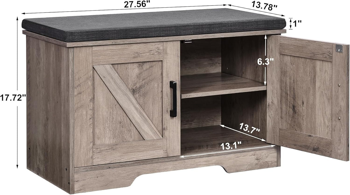 2-Tier Storage Bench, Shoe Bench with Padded Seat Cushion, Entryway Bench with 2 Barn Doors