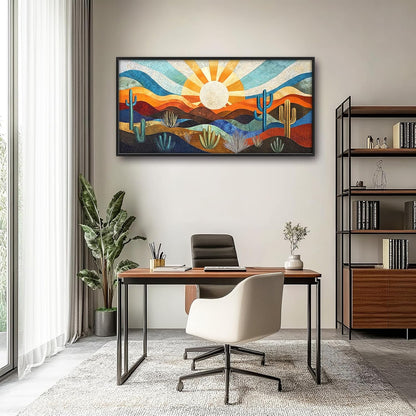 Extra Large Framed Abstract Boho Desert Wall Art, Sun Cactus Landscape Wall Decor Pictures for