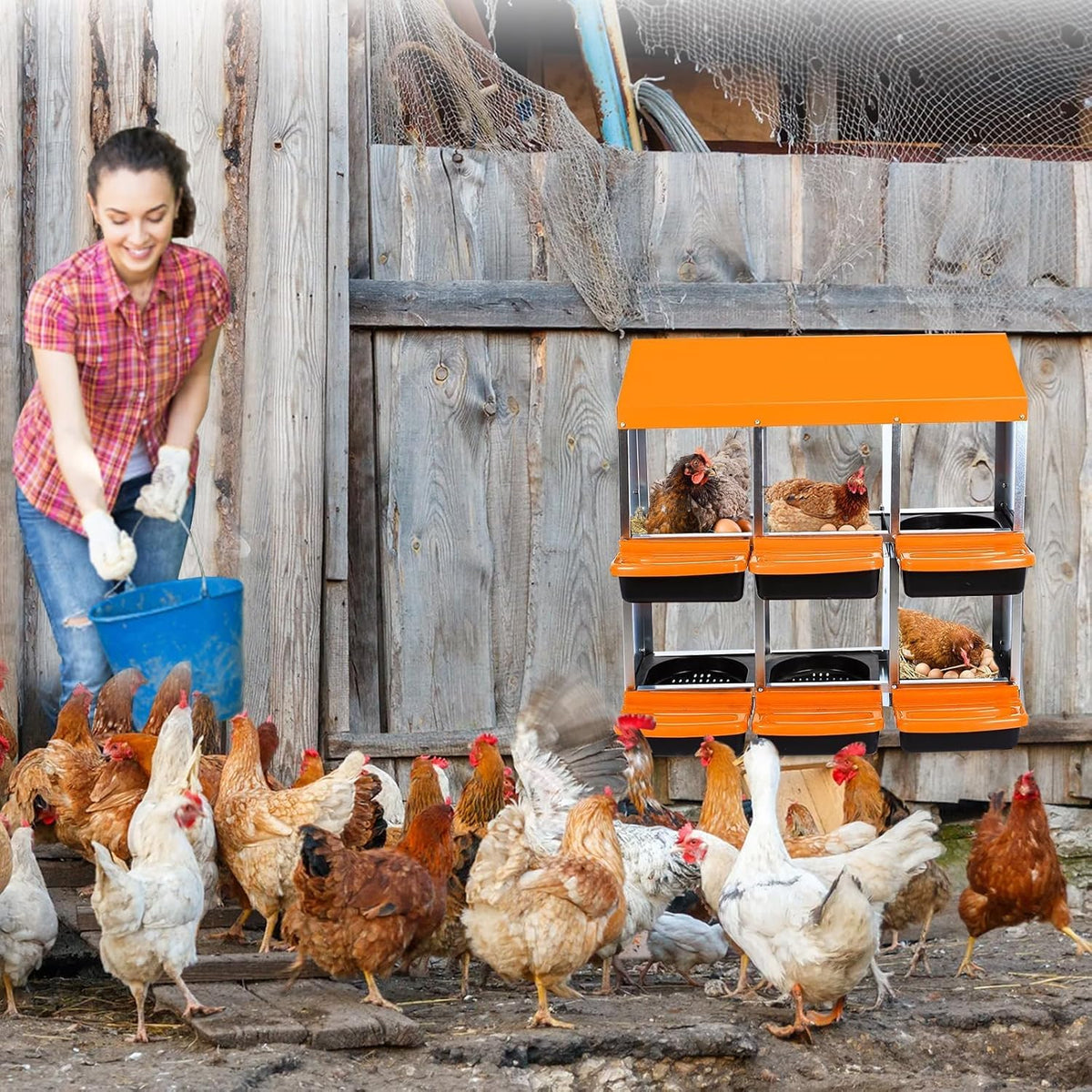 Chicken Nesting Boxes, 6 Hole Metal Chicken Laying Box with with Removable Trays and Roll Out Egg