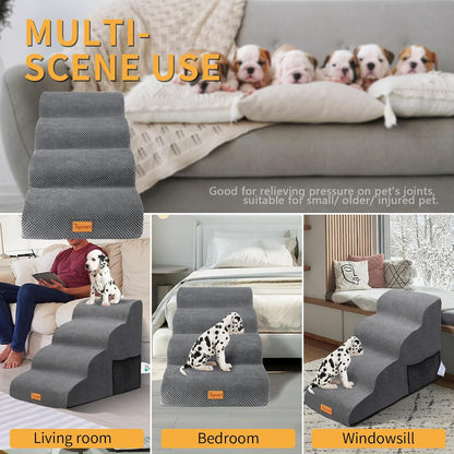 Topmart High Density Foam Dog Steps 4 Tiers,Extra Wide Deep Pet Steps,Non-Slip Dog Stairs Ramp for