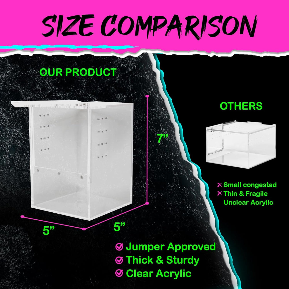 Jumping Spider Enclosure 5"x5"x7" or Tarantula Enclosure - Reptile Terrarium w/Sliding Magnetic