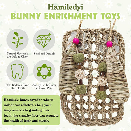 Hamiledyi Rabbit Seagrass Mat Hanging Bunny Chew Toys for Teeth Rabbit Enrichment Activity Mat