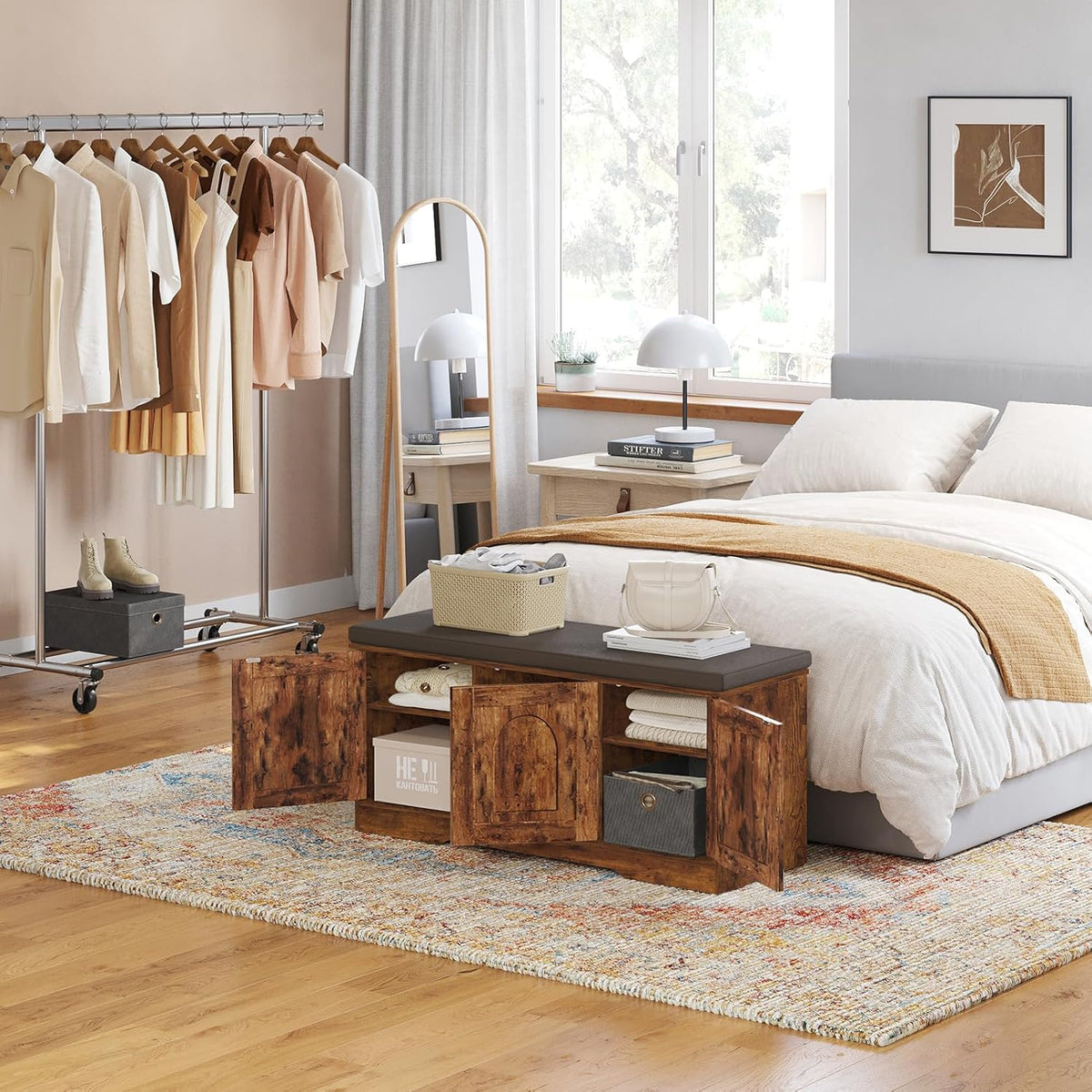 DINZI LVJ Shoe Bench, Entryway Storage Bench with Doors, Cushion, 2-Tier Shoe Rack with 6-Cubby