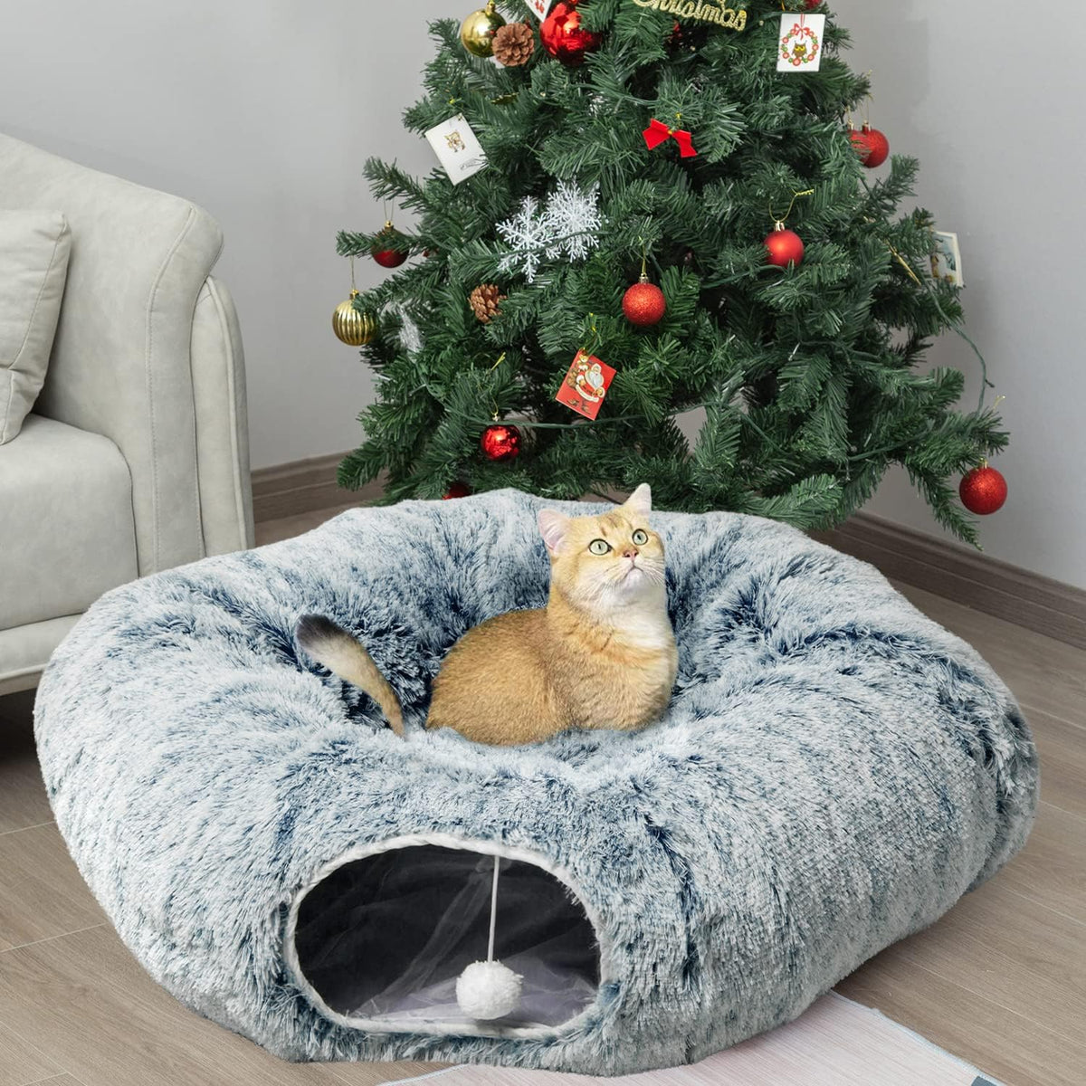 AUOON Cat Tunnel Bed - Cat Donut Tunnel with Soft Plush Circle Cushion for Indoor Cats Kitten Kitty