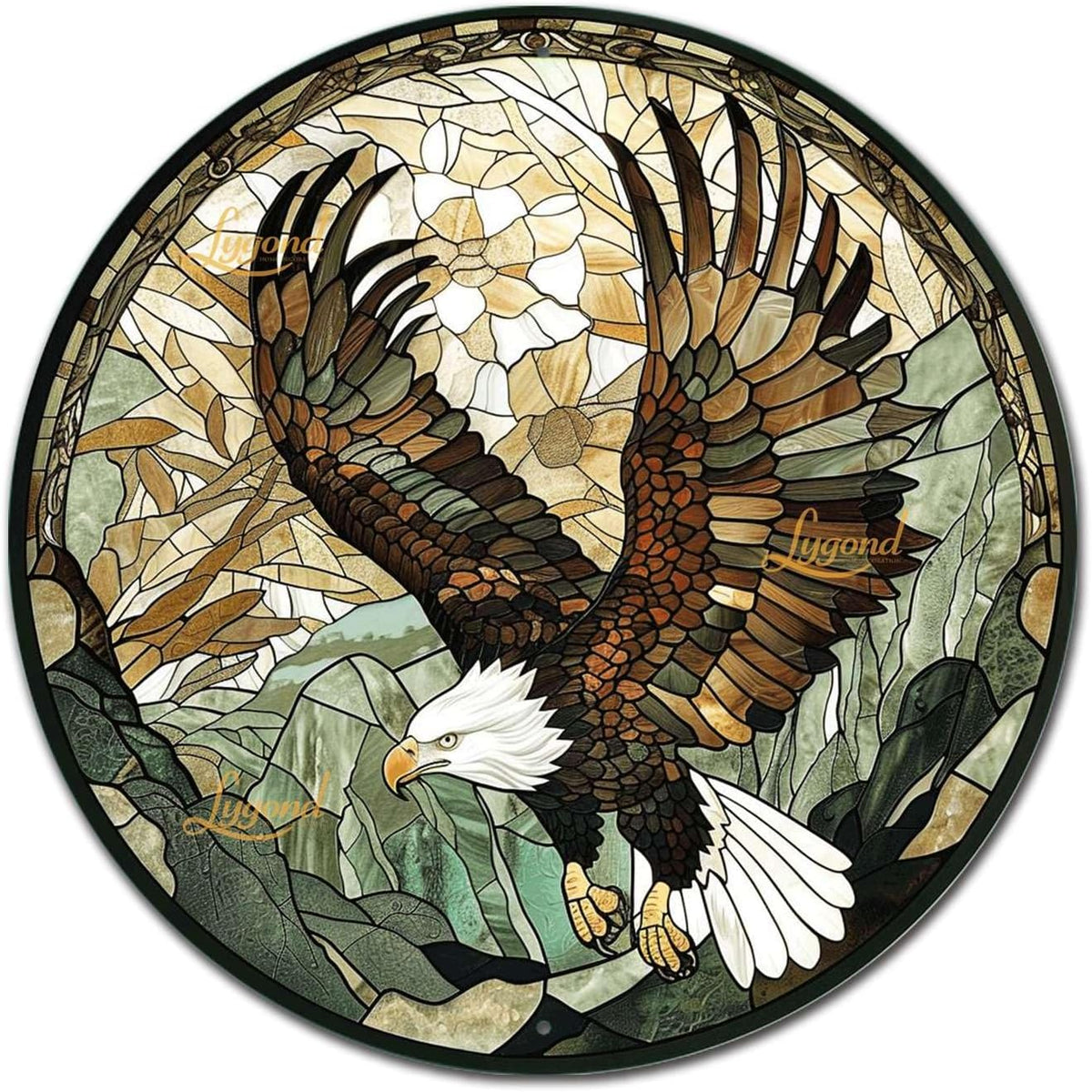 Lygond Metal Sign Tin Sign Circular Stained Glass American Bald Eagle Bar Signs for Home Bar for