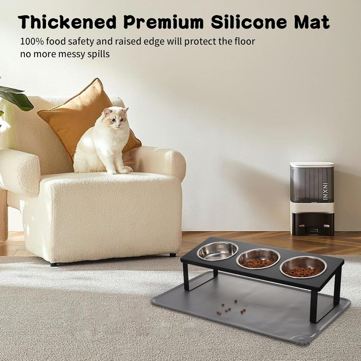 Upgraded Elevated Cat Bowls with Food Mat,15°Tilted Stand Anti Vomiting Raised Cat Dishes for Food