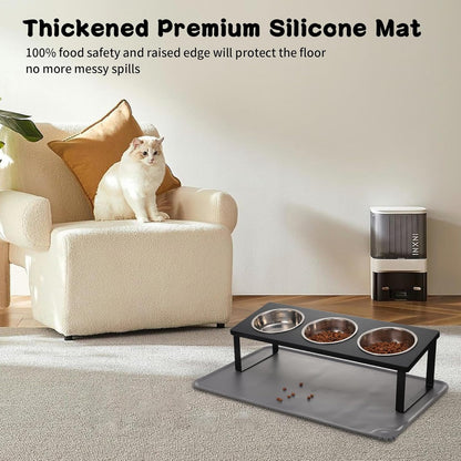 Upgraded Elevated Cat Bowls with Food Mat,15°Tilted Stand Anti Vomiting Raised Cat Dishes for Food