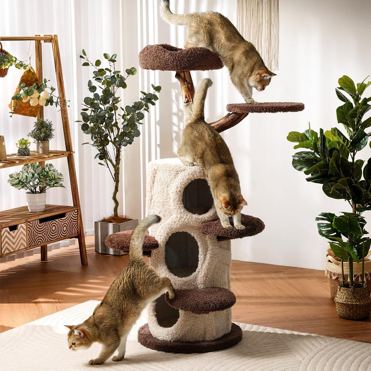 54.7'' Tall Modern Wood Cat Tree with 3 Level House, Luxury Cat Tower for Home Decoration, Large