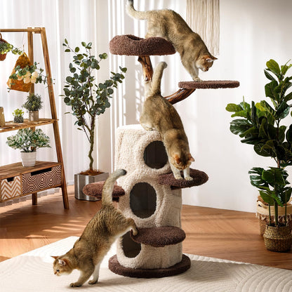 54.7'' Tall Modern Wood Cat Tree with 3 Level House, Luxury Cat Tower for Home Decoration, Large